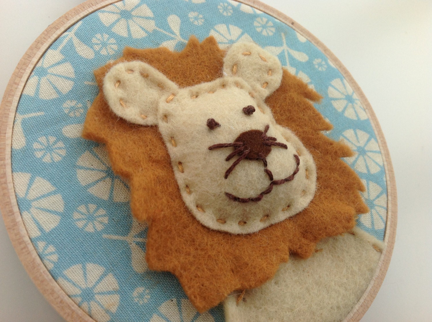 Lion hoop art.  Felt and fabric textile nursery art.  Baby girl, baby boy. Animal wall art