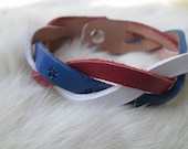 Braided leather cuff, American Flag colors, stars along the blue strip, mystery braid, patriotic bracelet, red white and blue