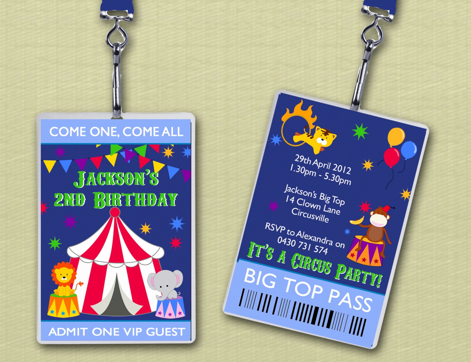 Personalised Circus Carnival Themed Birthday VIP Lanyard Invitations x 10 Il_570xn