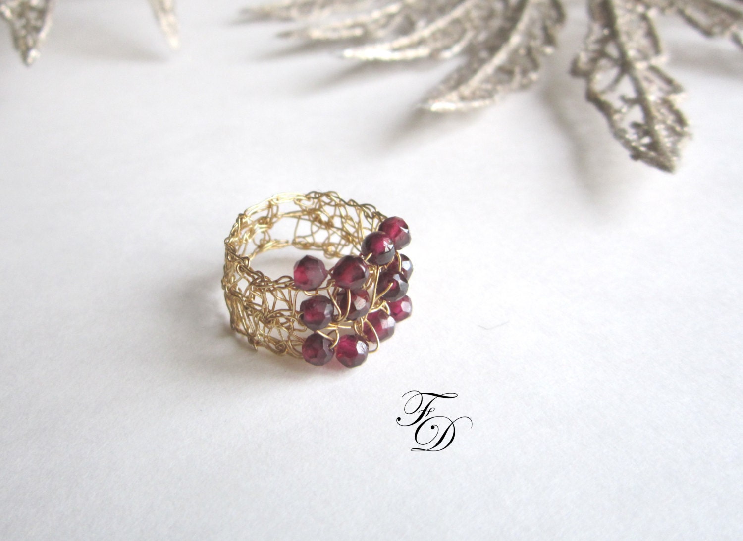 Garnets Wire crochet 14k gold filled ring, OOAK Ring,custom ring-Any Size,January birthstone ring