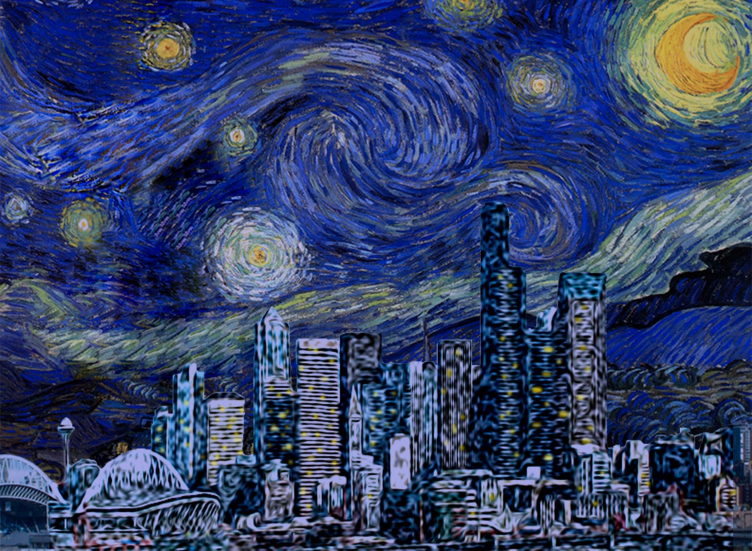 5x7 original art print - Seattle Starry Night