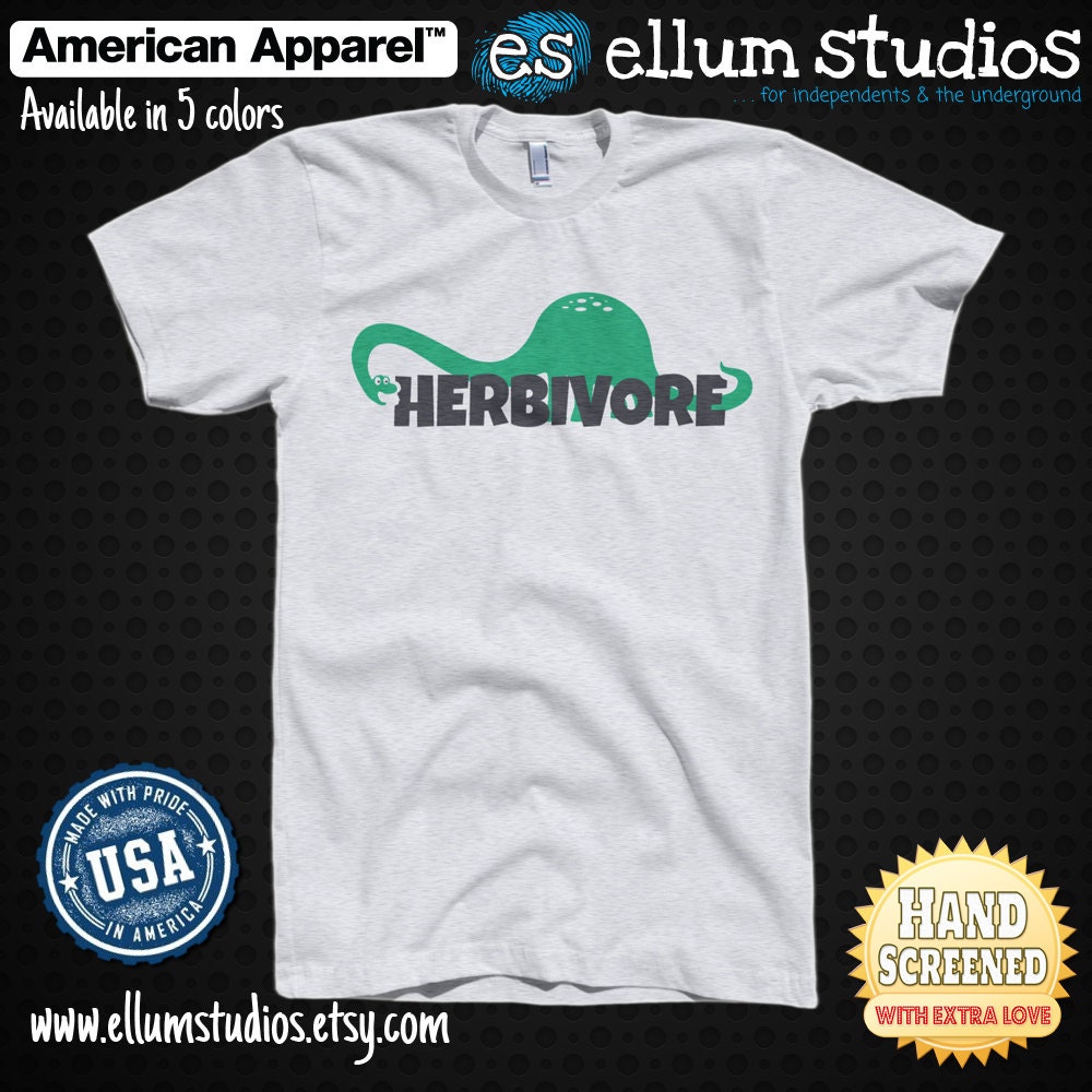 Herbivore Dino Screen Printed Unisex American Apparel Shirt. Fine Jersey Short Sleeve Tee. Available in 5 colors