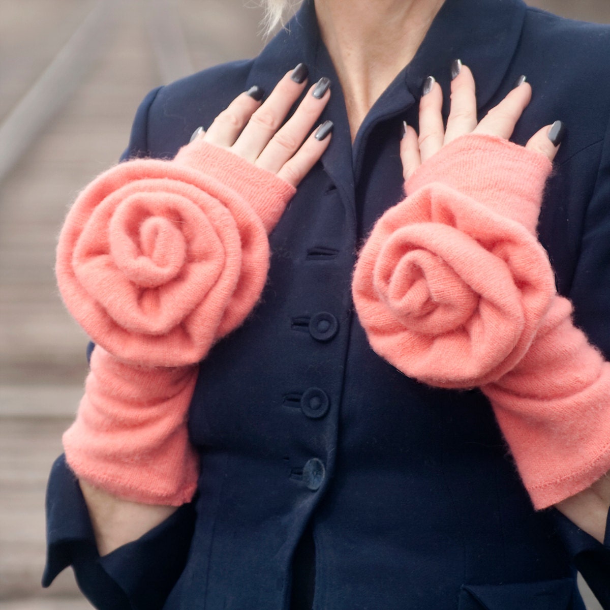 Orange Sorbet : cashmere arm/wrist warmers, long, felted, fingerless gloves, oversize rose adorned up-cycled, handmade