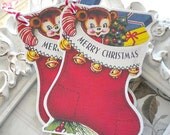 Vintage Christmas Stocking Merry Christmas Tags - Set of 4 - Cottage Shabby Chic