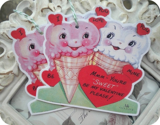 Vintage Retro Ice Cream Cone Valentine Tags - Set of 6 - Vintage Inspired - Cottage Shabby Chic - Valentine's Day
