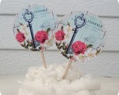 NEW - Skeleton Key Postcard Cupcake Toppers - Set of 10 - Shabby Chic Wedding/Bridal/Shower