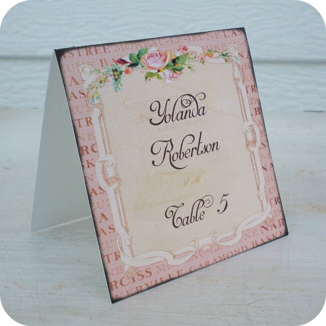 NEW - Personalized  Vintage  / Shabby Cottage Chic Flower Pink Frame Wedding Escort Cards / Place Cards / Tent Style - Set of 25