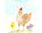 Easter Chicken Hen. Whimsical Watercolor.  Rabbit Ears. Baby Chick. Fun Funny. Kids Room Art. 8x10 Print