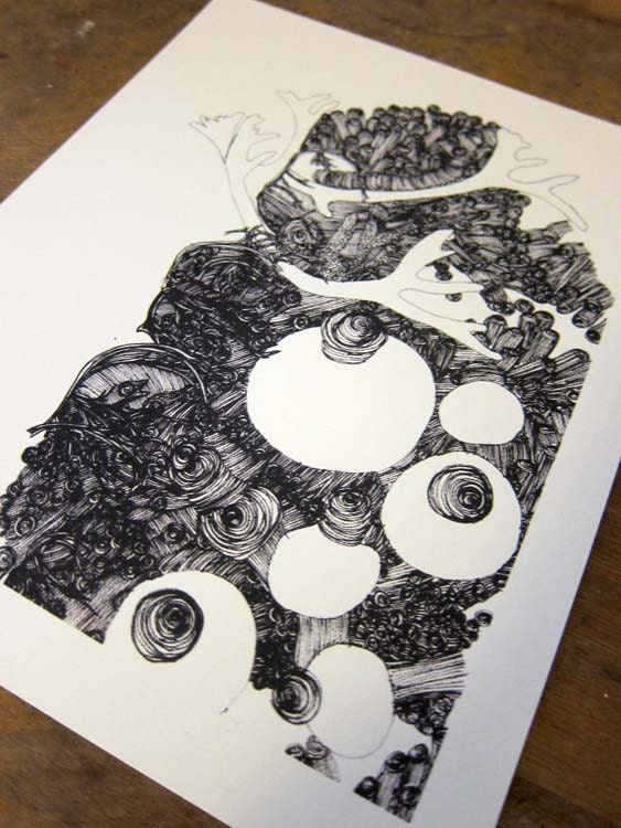 Line Drawing Print - Abstract Antlers and Eyeballs - Multiple SIzes