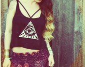 Handmade All Seeing Eye, Crop Top, Low Back, Backless, Festival, Tank Top, Aztec, Screenprint, Hippie, Women, Hippie, Bohemian, Evil Eye
