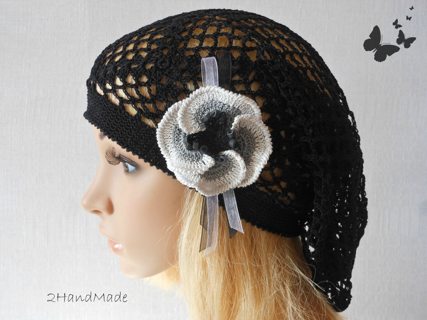 Lace Crochet Tam Dreads Hat Oversized Beret Slouchy Beanie Boho Women Girl Black Summer 2013 Cotton Vintage Style