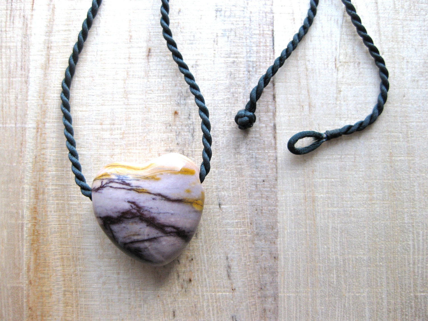 Vintage Necklace Heart Stone with Black Cord Plum and Mustard with Lavender
