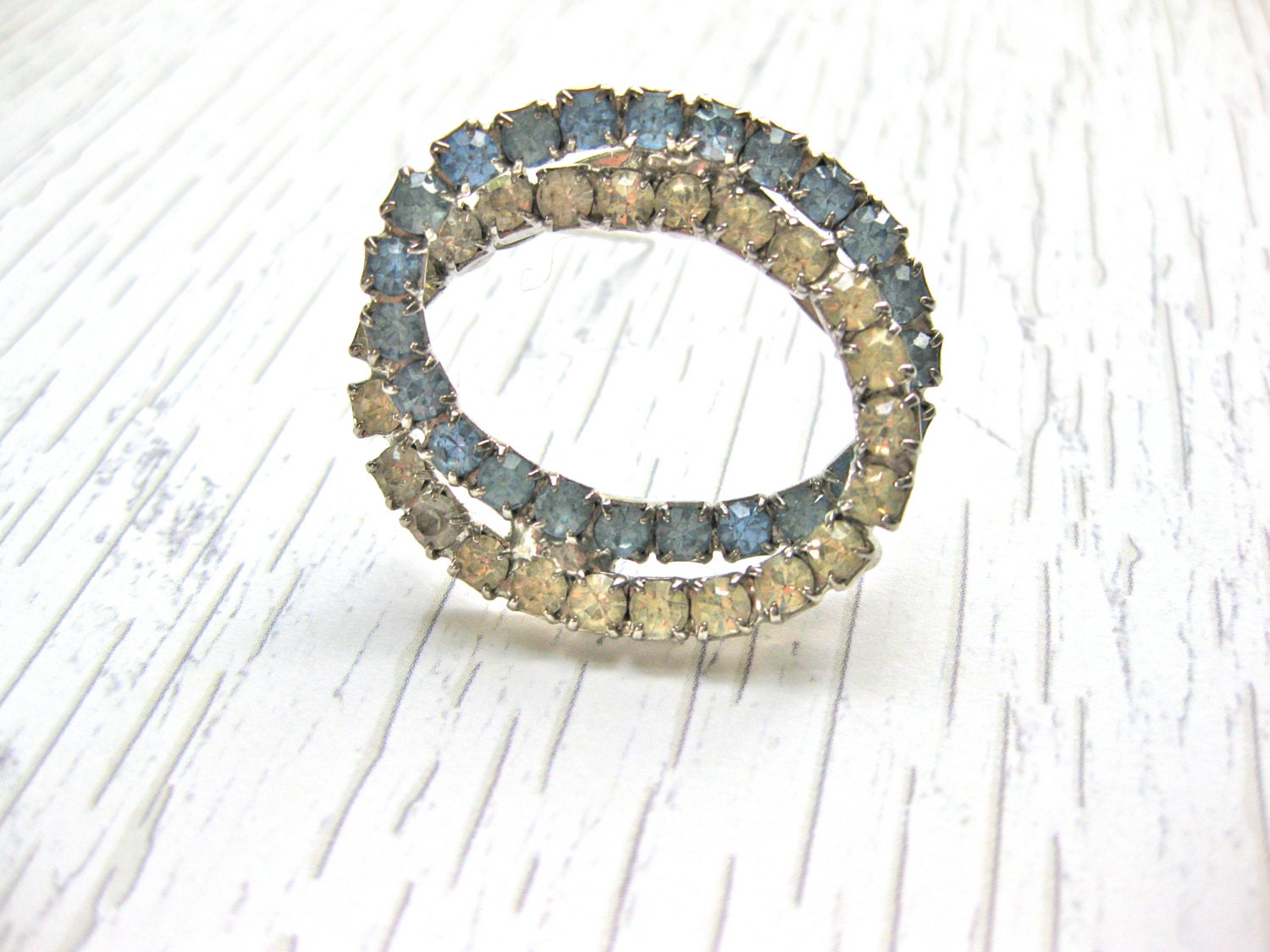 Vintage Oval Brooch Rhinestone in Clear and Blue Wedding Bridal
