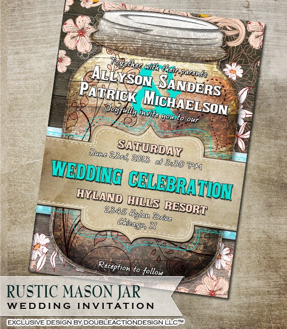 Rustic Mason Jar Wedding Invitation -Printable wedding suite with Rustic Wood Elements and Flower Flourish Elements -Digital Printable
