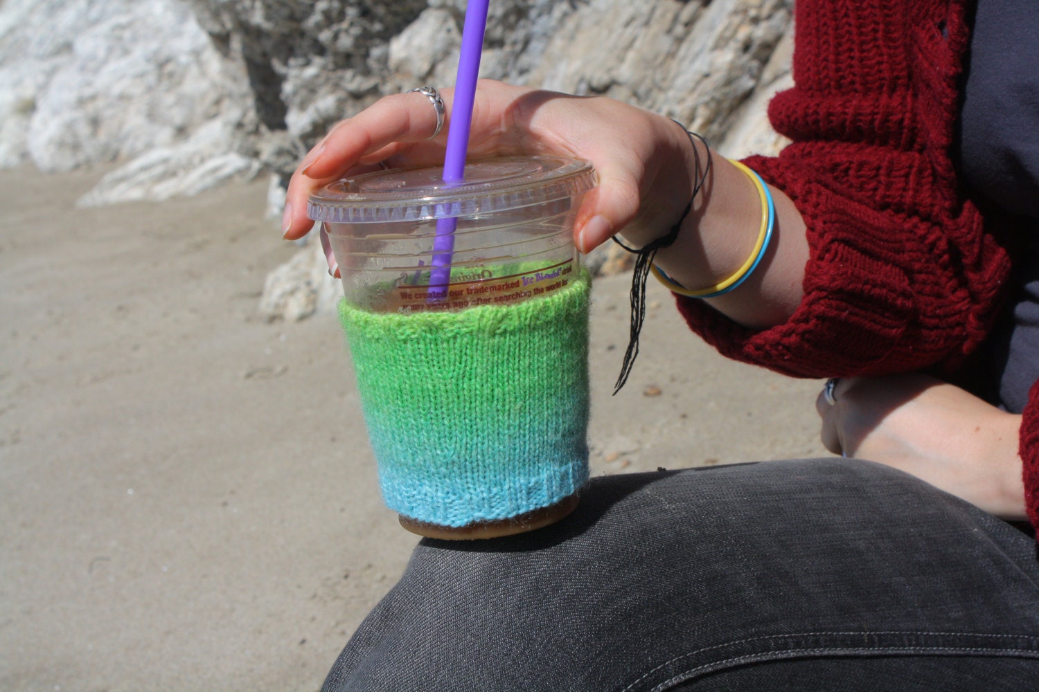 ombre green and blue coffee cozy
