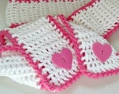 White with pink trim and pink heart buttons, Cotton Acrylic Crochet Scarf, Valentine's Day