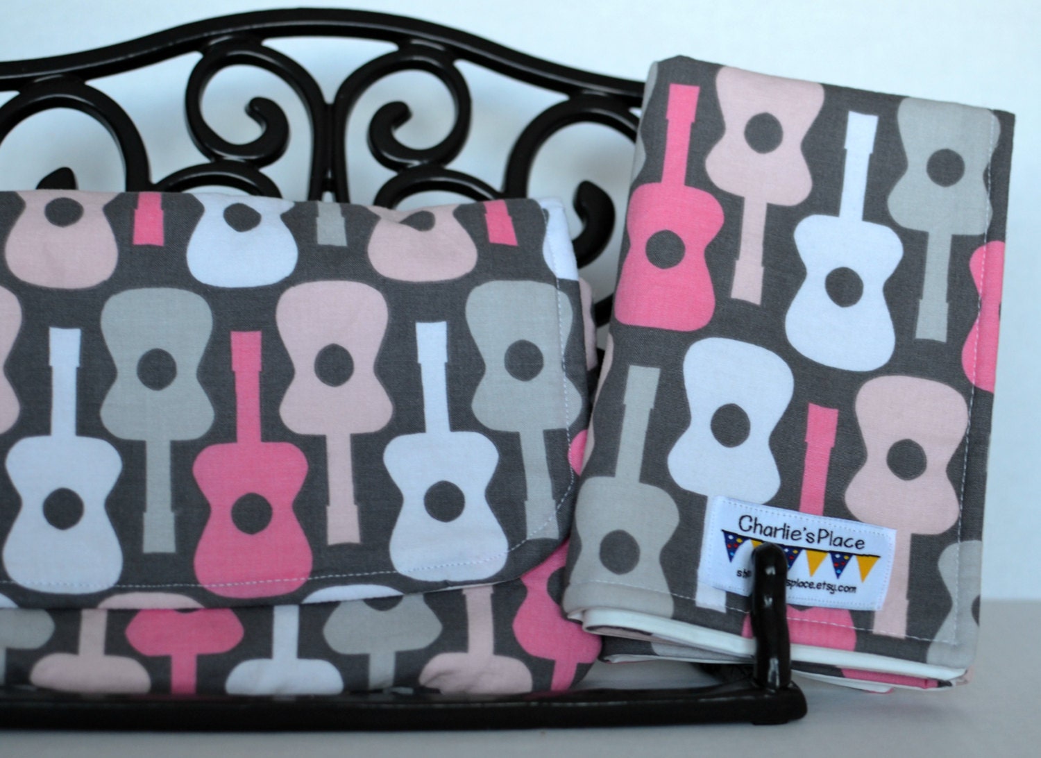 Diaper Clutch and Changing Pad/Busy Bag - Michael Miller groovy guitar pink and white