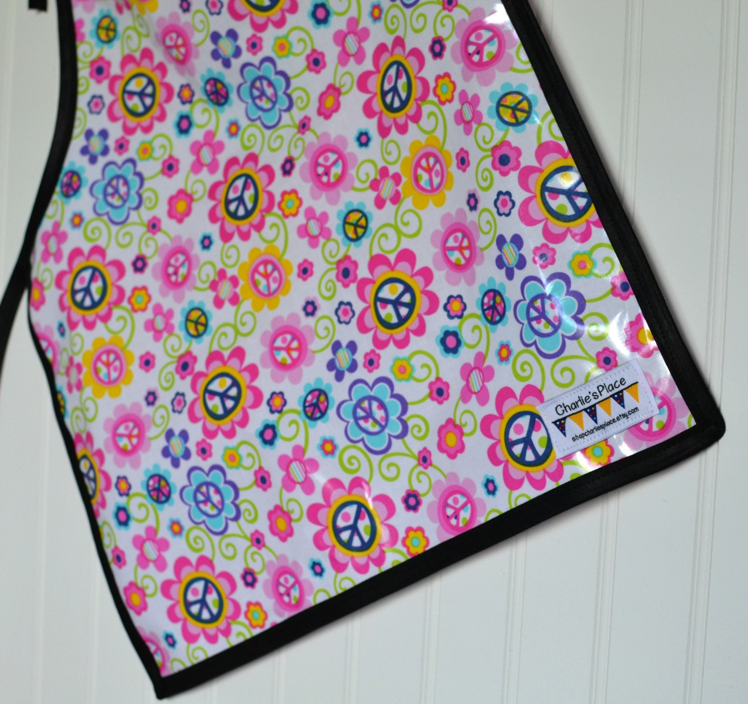 Wipeable Child Apron - hippie art smock, peace sign, love