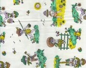 Retro 70s Sewing Fabric Vintage Material Children Motif Nursery Rhyme Pattern Pink Green Cotton Yard