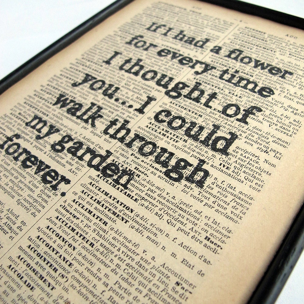 Framed Typographic Art "If I Had a Flower" Vintage Book Print, Dictionary Print, Shabby Chic Art Print, Recycled Book Print