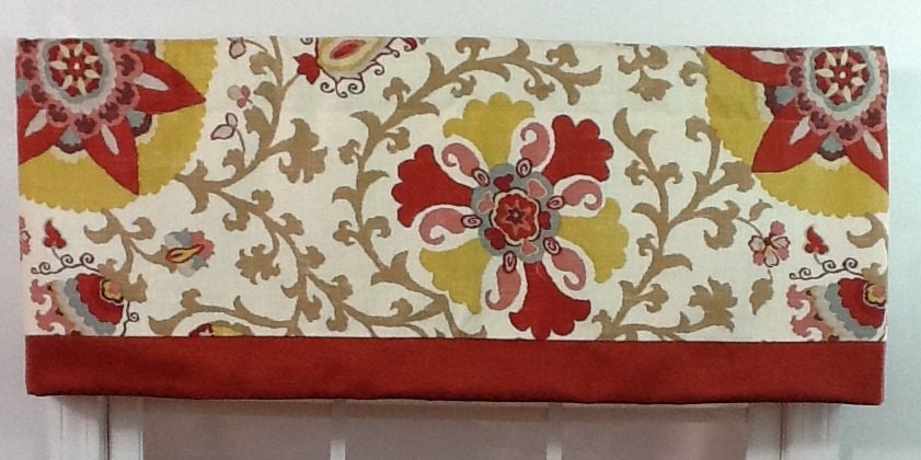Suzani banded straight valance in red, rust and gold