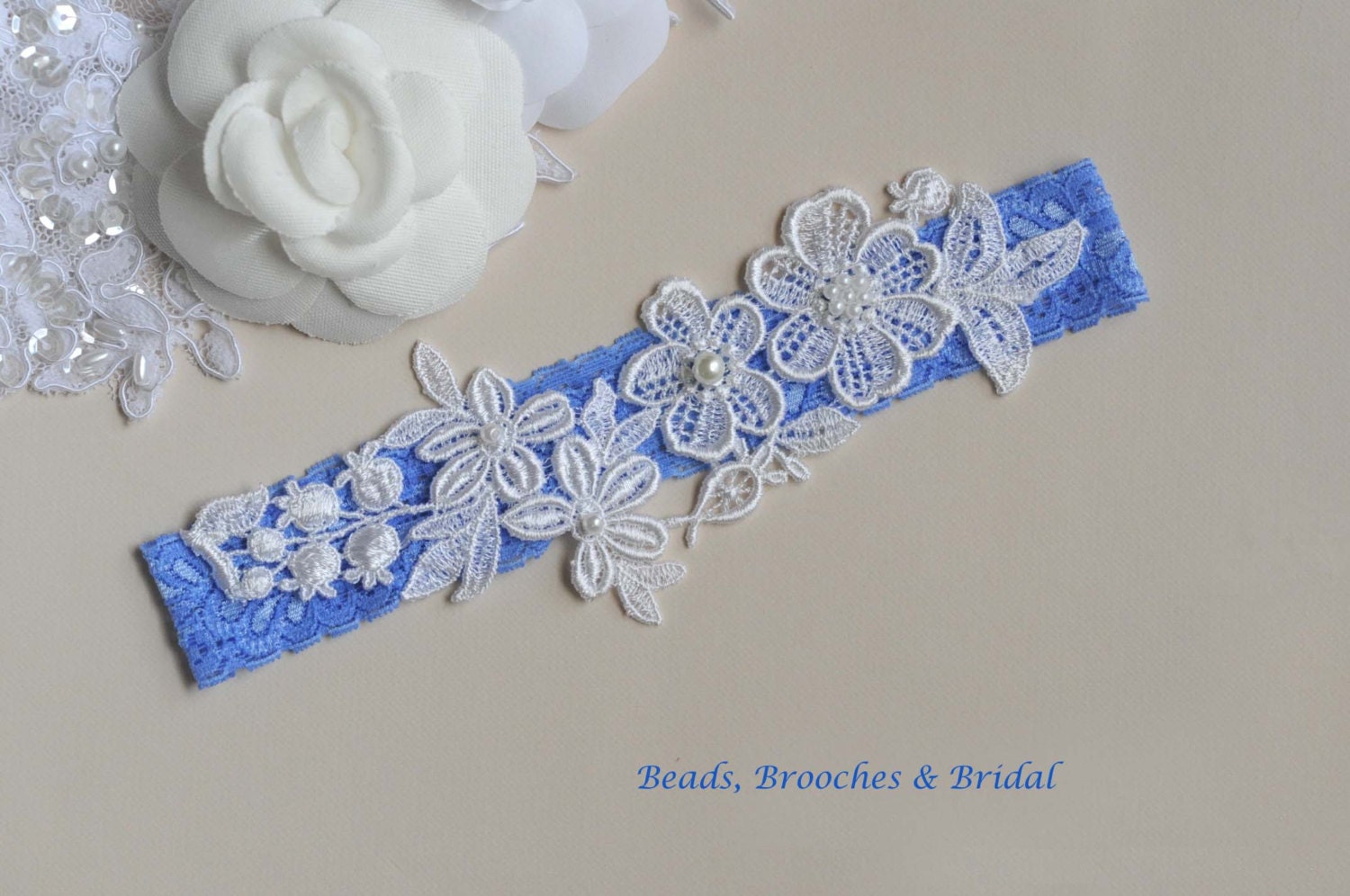 White Garter With Blue Stretch Lace Wedding Garter, White Venice Lace Bridal Garter, Elegant Custom Bridal Garter