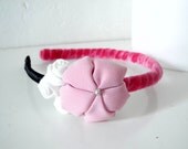 Headband pink black white Fabric flower rosettes Satin and velvet ribbon covered - ready to ship