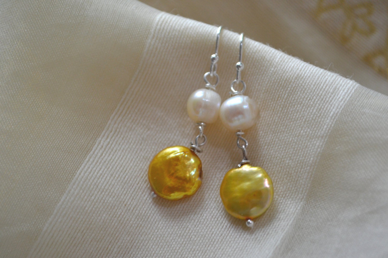 Gold and White -Drop Pearl Earrings