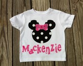 Custom boutique children's clothing. Personalized Minnie Mouse girls shirt. Hand cut & sewn applique on cotton shirt. By EverythingSorella