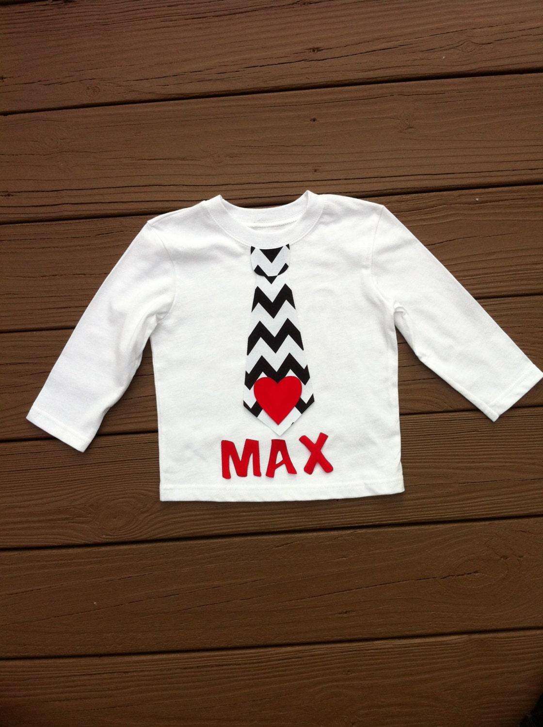 Custom children's clothing. Boys personalized Valentine tie shirt with name. Black white chevron. Red or pink heart. By EverythingSorella