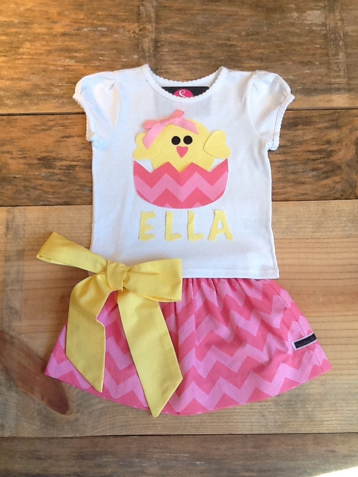 Girls Easter outfit. Twirly skirt & shirt set. Pink chevron. Yellow polka dot chick and name. Custom childrens clothing by EverythingSorella