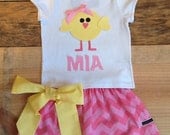 Girls Easter outfit. Twirly skirt & shirt set. Pink chevron. Yellow polka dot chick and name. Custom childrens clothing by EverythingSorella