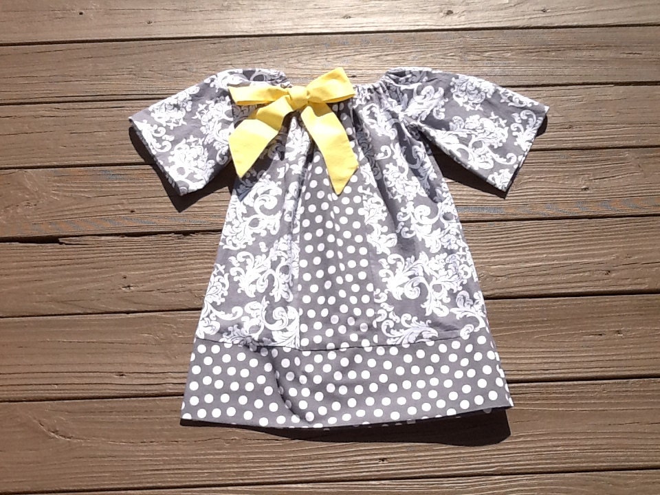 Girls Little Peasant Dress with yellow fabric bow detail. Grey damask & polka dot. Custom children's clothing By EverythingSorella