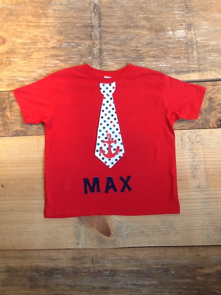 Boys 4th of July Patriotic tie shirt. Red white blue polka dot tie. Navy name. red anchor applique. Children's clothing By EverythingSorella