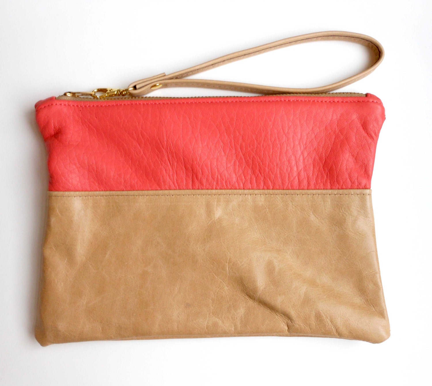 The Leeward  - Camel and Coral Leather  - Color block Wristlet