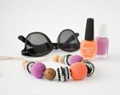 Colorful Zebra Nursing Necklace / Teething Necklace in Coral and Violet - cotton, bamboo, coco beads