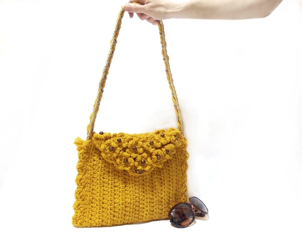Free Shipping, Crochet Bag- Mustard crochet tote bag- Handmade crochet handbag- Flowery handbag- Useful handbag- Pouch- Stylish handbag