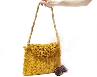 Free Shipping, Crochet Bag- Mustard crochet tote bag- Handmade crochet handbag- Flowery handbag- Useful handbag- Pouch- Stylish handbag