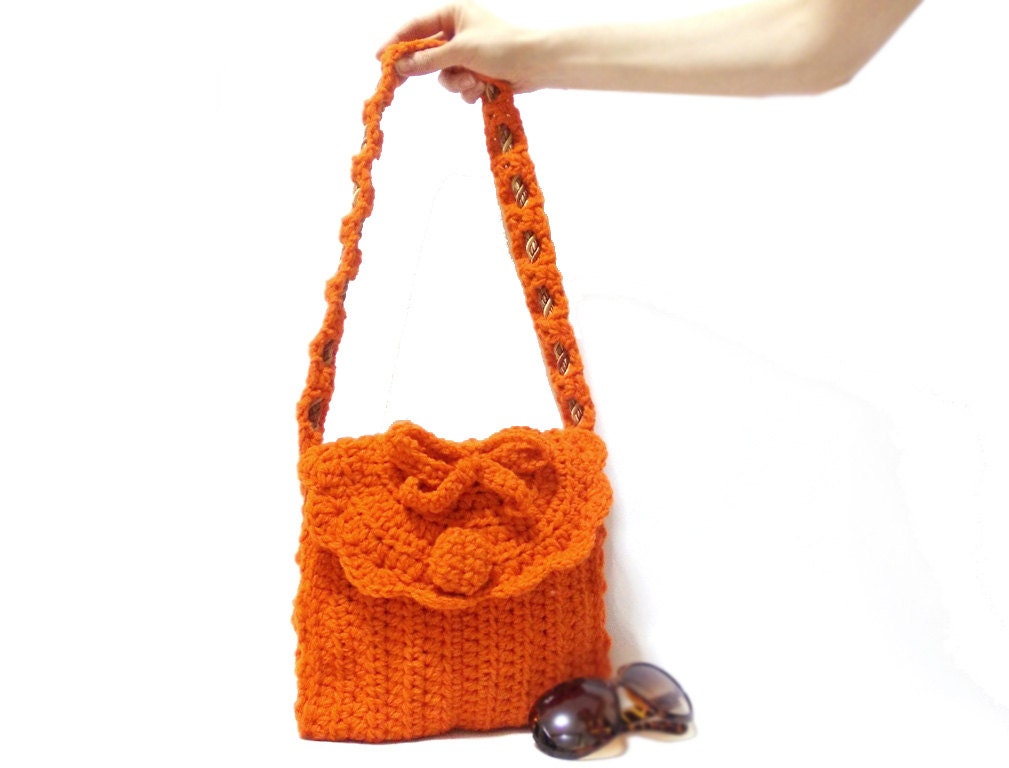 Free Shipping- Crochet Bag- Orange crochet tote bag- Handmade crochet handbag- Tablet bag- Messenger- Useful handbag- Pouch- Stylish handbag