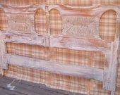 WEATHERED VINTAGE HEADBOARD -  Mid Century Solid Wood Full or Queen Painted White Weathered Shabby Distressed Woven Wicker