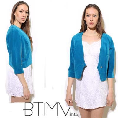 60s AZURE VELVET cropped jacket bolero blue coat avant garde asymmetrical rhinestone diamante formal cocktail M L