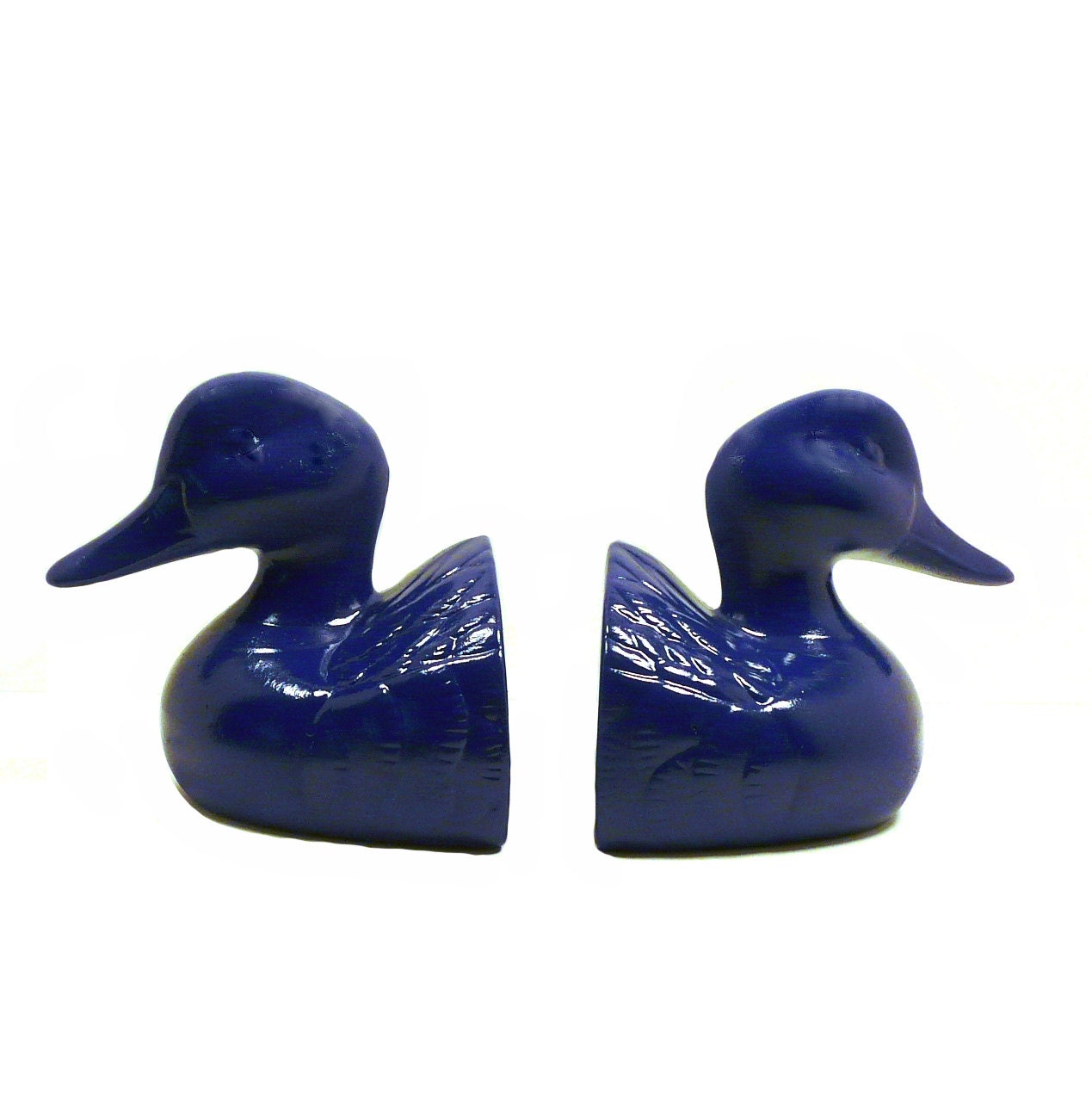 indigo duck bookends, animal head, upcycled, home decor, den, home office, bookend, ducks, woodland, midnight blue, home accents