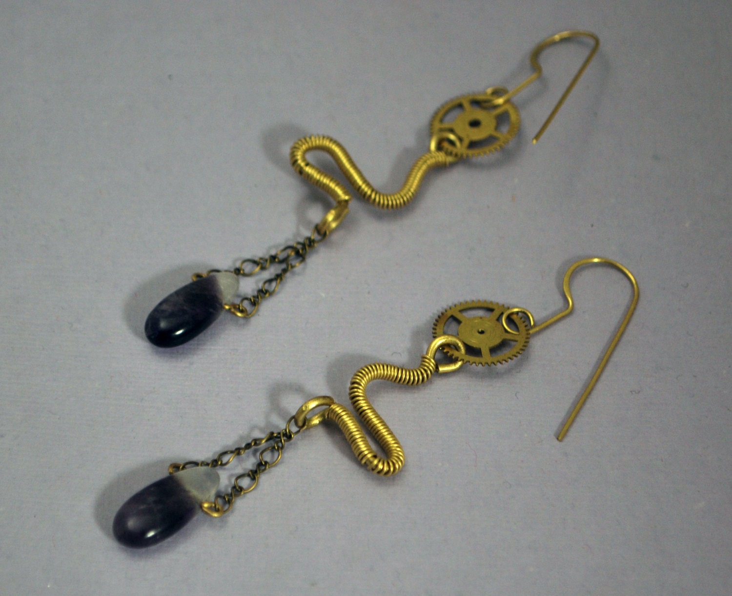 Amethyst and solid brass steampunk earrings