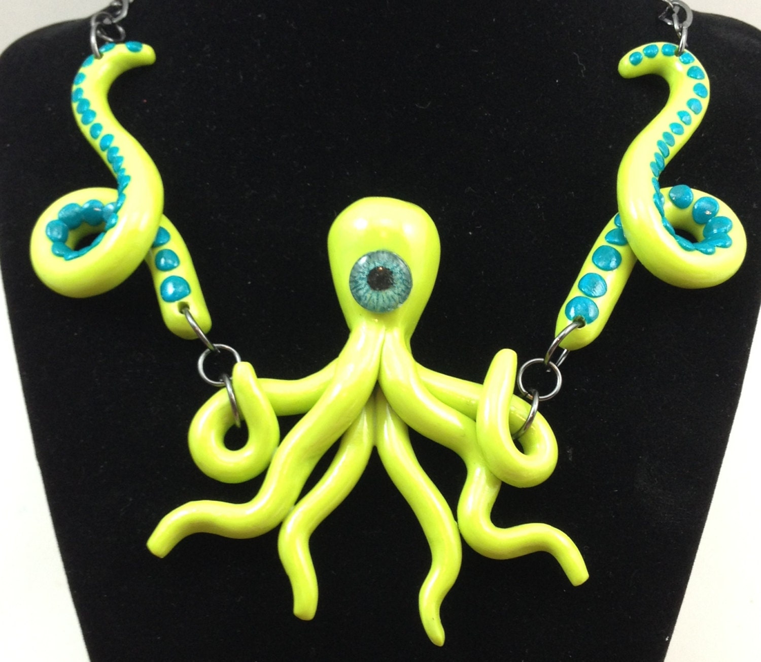 Unique handmade polymer clay alien Octopus necklace with recycled doll eye baby doll eye custom colors available