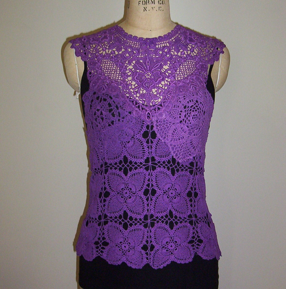 Hand Dyed Vintage Overlace Purple Doily Lace Shabby Chic Romantic Tank Top Boho Hippie