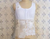 Romantic Top Tucked Front Reconstructed Antique Buttons Lace Boho Gypsy Eco Chic Doily