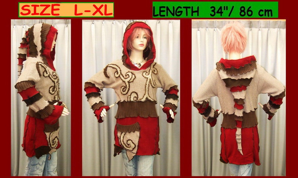 elf sweater, elf coat, jacket, hoodie, tunic, recycled, upcycled, handmade. embroidery, patchwork