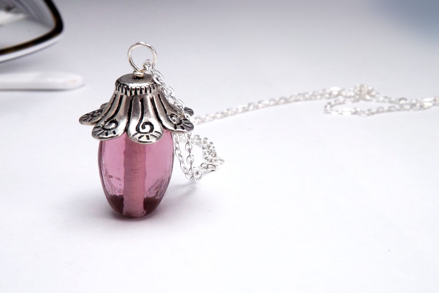 pink flower pendant lampwork handmade glass bead