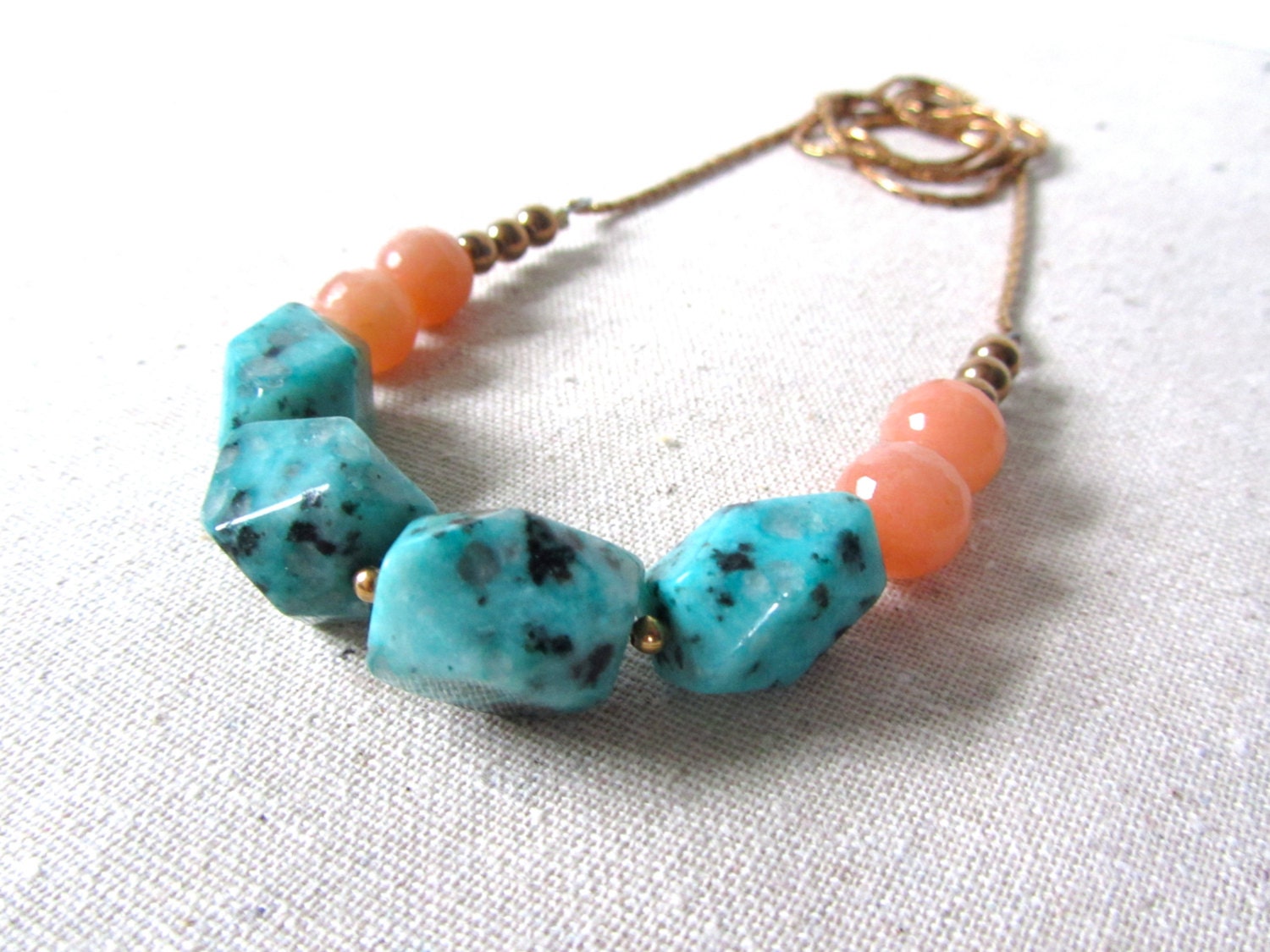 Jasper Statement Necklace, Coral & Mint Green, Solid Brass Chain, Mixed Media