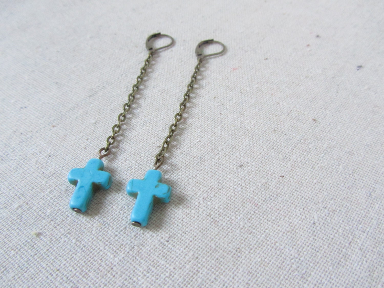Turquoise Cross Earrings, Dangle Earrings, Southwestern, Bohemian, Brass
